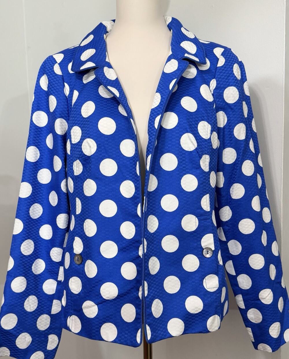 Nina McLeMore Polka Dot Blazer Jacket Blue White Women's Size 12 Workwear Casual